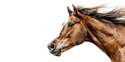 Obraz premium Mad rodeo horse on white background. Concept Animal Photography, Rodeo Performance, Equestrian Sports, Wild Horse, Aggressive Attitude