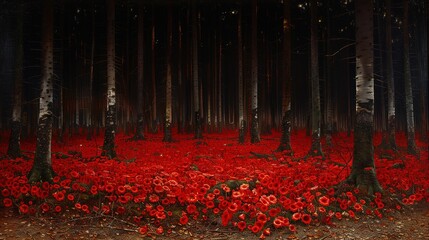 dark forest at night with red flowers covered land