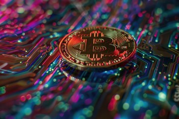 Golden Bitcoin cryptocurrency coin on a colorful circuit board. Concept of blockchain, digital currency, mining and fintech.