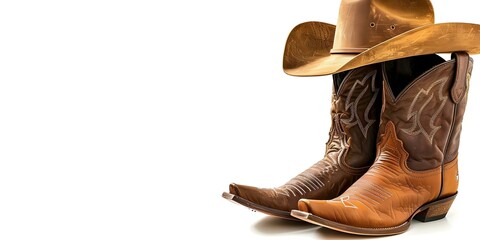 Clipart of cowboy hat and boots on white background representing Texas rodeo. Concept Texas Rodeo, Cowboy Symbols, Clipart Design, Western Theme, Wild West Illustration