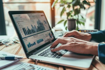 Close up of hands typing on laptop keyboard with financial charts and graphs on screen. Concept of business, finance, investment, analysis, and technology
