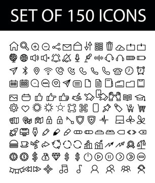 Contour linear icons for interface, business cards, locations, contacts, finance. Large set. Phone, Internet, mobile data, WiFi, storage, protection, avatar.