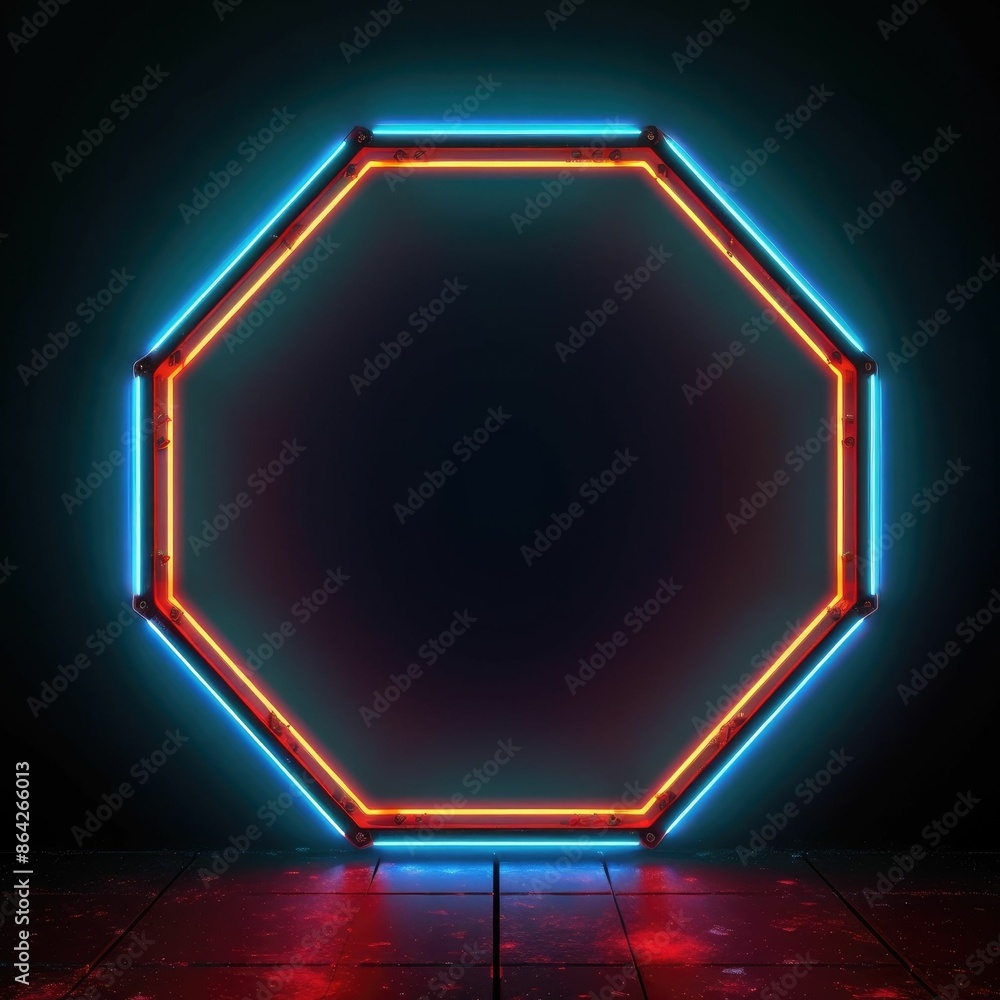 Poster neon hexagonal light frame on a dark brick wall with blue reflective floor. futuristic fantasy porta