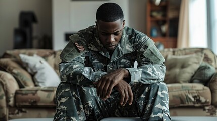 Fototapeta premium Stressed African American male soldier sitting on sofa in living room.
