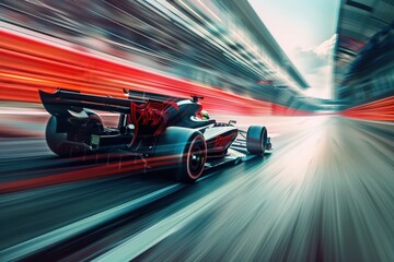 Fototapeta premium A dynamic digital artwork capturing the intensity of motor sports, as a racing car speeds across the track with a blur of motion, epitomizing the thrill of competitive team racing in the digital age