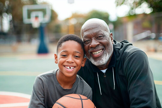 A young boy and an older man are posing for a picture with a basketball