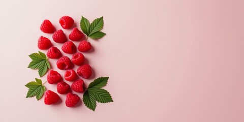 Flat lay composition of ripe raspberries and green leaves arranged aesthetically on a light pink...