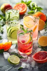 Fototapeta premium Vertical image of colorful non-alcoholic cocktails with fresh fruits and herbs.
