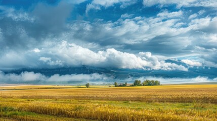 Rural landscape with dense clouds over wheat fields