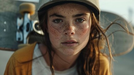 Portrait of a Determined Female Skateboarder Holding Her Board at a Skatepark