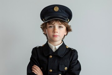 Boy dressed as a train conductor with a hat and ticket punch, white background, copy space