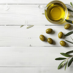 OLIVE OIL IN A WHITE WOODEN BACKGROUND TEXTURE 