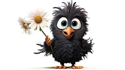 Fototapeta premium funny black bird with messy hair holding flower 