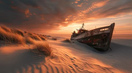 Fototapete Rund Deserted Dunes: Sunset Over Wrecked Ship © Andrii 