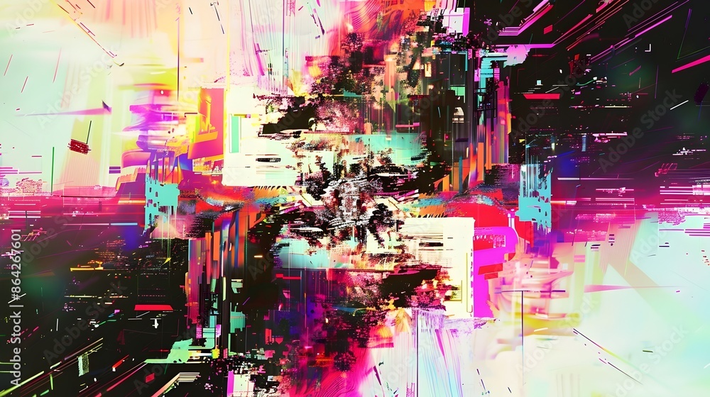 Poster Colorful Glitch Art Abstract with Pixelated Digital Noise and Sense of Movement