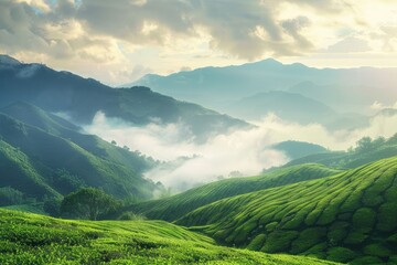 Fototapeta premium morning on the tea hill with the fog and the mountains. Creative banner. Copyspace image