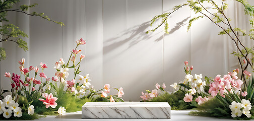 Background podium 3D spring flower product beauty pink display nature. 3D podium stand background scene floral mockup cosmetic white blossom summer abstract shadow platform minimal design render stage