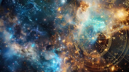 Hypnotic depiction of cosmic zodiac constellations shimmering against a backdrop of swirling nebulae and distant galaxies, hinting at the mystique of astrology in the future of space exploration