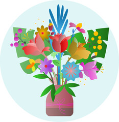 seamless Bouquet of colorful flowers (tulips, gerberas, hyacinth flowers, and lily of the valley flowers) isolated on a white background.