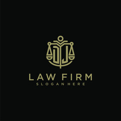 DJ initial monogram logo for lawfirm with scale vector design