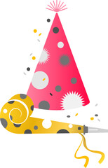 Pink party hat and balloons on white background