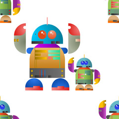 Seamless cute robot pattern on white background.
