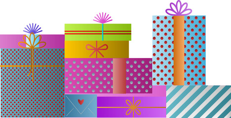 Present gift box icons set. Christmas and birthday gift icon illustration vector symbol isolated. Line and silhouette style, gift box with red ribbon, Christmas Tree made of Gift Boxes.