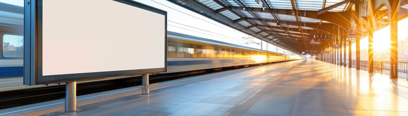 Obraz premium Empty train station platform with sunrise light and a blank billboard for advertising, ideal for travel and transportation themes.