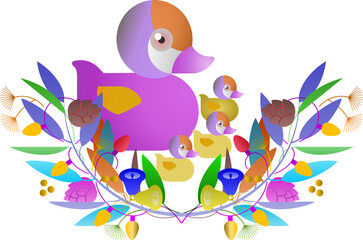 A violet duck swimming in a pond with chill whit flower in its mouth on white background