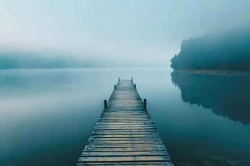 A serene lake with a wooden dock at the end surrounded by a peaceful walkway perfectly captured in this copy space image