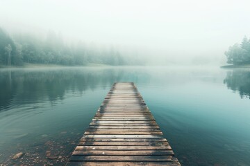 Fototapeta premium A serene lake with a wooden dock at the end surrounded by a peaceful walkway perfectly captured in this copy space image
