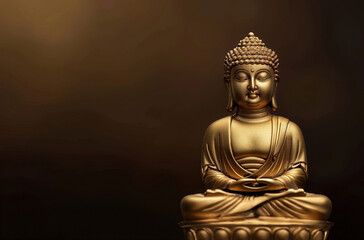 Fototapeta premium Golden Buddha statue on a dark background, symbolizing meditation, spirituality, and Zen. Perfect for themes of peace and enlightenment.