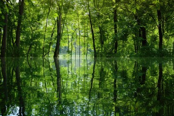 Obraz premium The image features a serene reflection of trees in water providing ample copy space for text or other additions