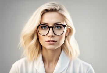 Fototapeta premium Portrait of handsome young collage woman with blond hair and eyeglasses, isolated white background