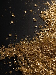 Gold flakes scattered across dark surface. Image shows large concentration of gold flakes on right side, gradually thinning out towards left. Flakes range in size, shape, reflecting light.