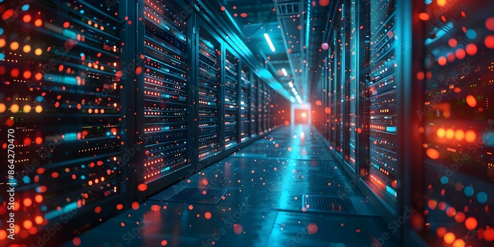 Poster illustration of modern data center with server racks cooling and power redundancy. concept data cent