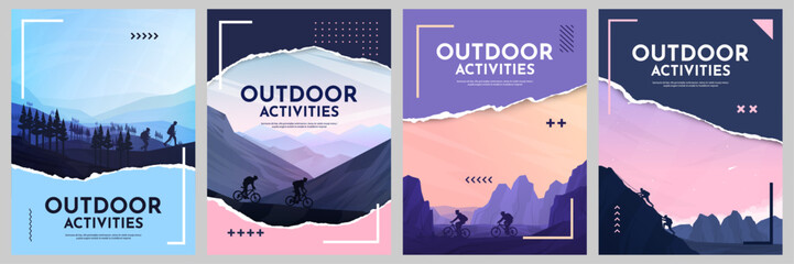 Vector illustration. Travel concept of discovering, exploring and observing nature. Hiking. Climbing. Adventure tourism. Flat design elements brochure, magazine, book cover, invitation, poster, flyer