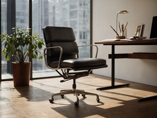 Sleek, black office chair positioned in modern office space with large windows. Chair has padded seat, backrest, supported by metal frame with armrests, caster wheels. To right.