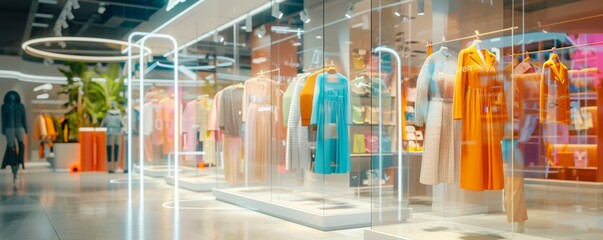 Digital Fashion Revolution: Futuristic Smart Mirrors Enhancing Shopping Experience with Vibrant 3D Outfits in Retail Space