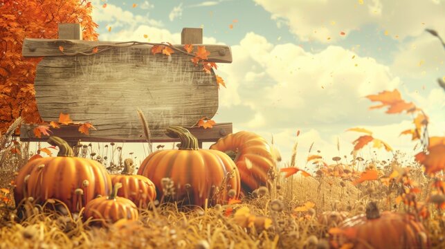 Cozy Autumn Harvest Illustration with Pumpkins and Blank Wooden Sign in Warm Tones for Custom Text - Rustic Fall Scene