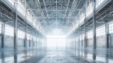 Large Empty Industrial Warehouse with Steel Beams and Bright Windows