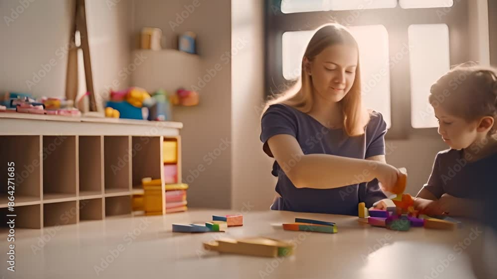 Poster teacher and student building with blocks in classroom generative ai