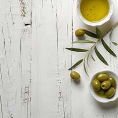 OLIVE OIL IN A WHITE WOODEN BACKGROUND TEXTURE 