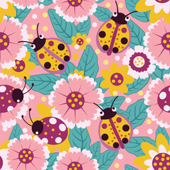 ladybugs on bright pink flowers