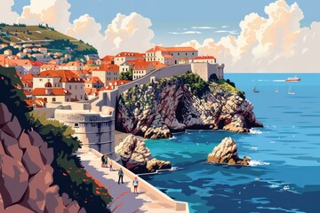 Naklejka premium Minimalist Flat Illustration of Dubrovnik’s Old City Walls