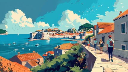 Minimalist Flat Illustration of Dubrovnik&rsquo;s Old City Walls

