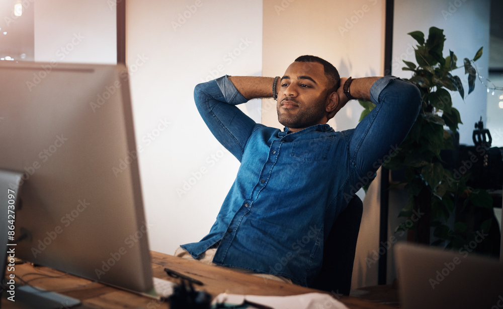 Poster Black man, office and hands on head with computer for research as IT specialist or consultant and professional. Employee, business and serious or reading for website design and development at night