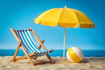 Beach Chair, Yellow Umbrella and Ball, Summer holiday, Time to travel concept.