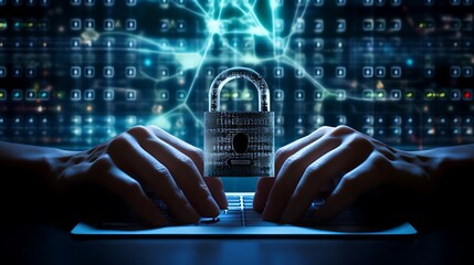 Cybersecurity concept with a digital padlock over a background of binary code and a person's hands typing on a keyboard