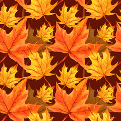 watercolor seamless pattern with autumn leaves, orange maple leaves, hand drawn illustration of yellow and orange autumn leaves, sketch brown background, for autumn posters